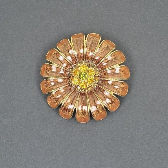 Vintage Brooch Pin Brown Enamel Topaz Yellow Green Rhinestone Floral Large Big - Picture 7 of 8